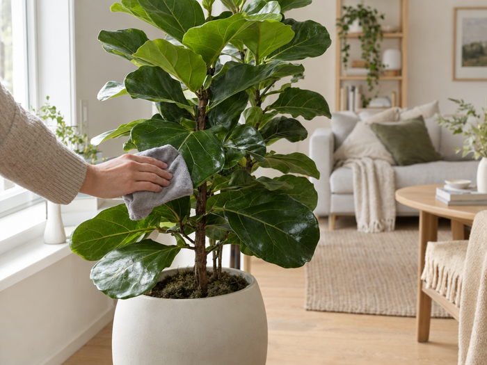 Blad van een kunst ficus lyrata afstoffen met een zachte microvezeldoek in een lichte woonkamer