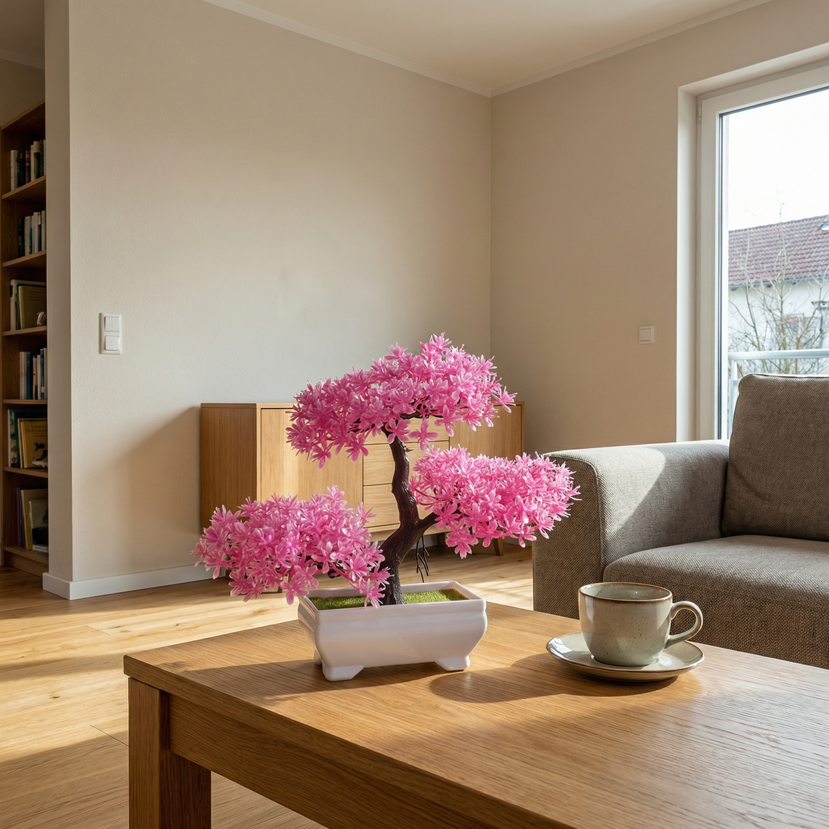 Künstlicher Blüten-Bonsai 20 cm mit Übertopf auf dem Couchtisch im Wohnzimmer