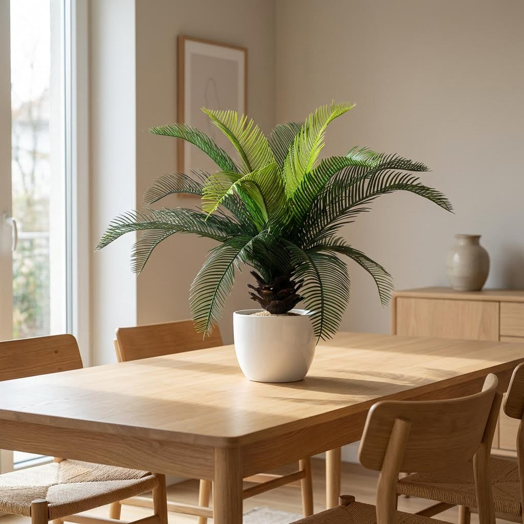 Kunst cycas 40 cm met steeksteel op eettafel