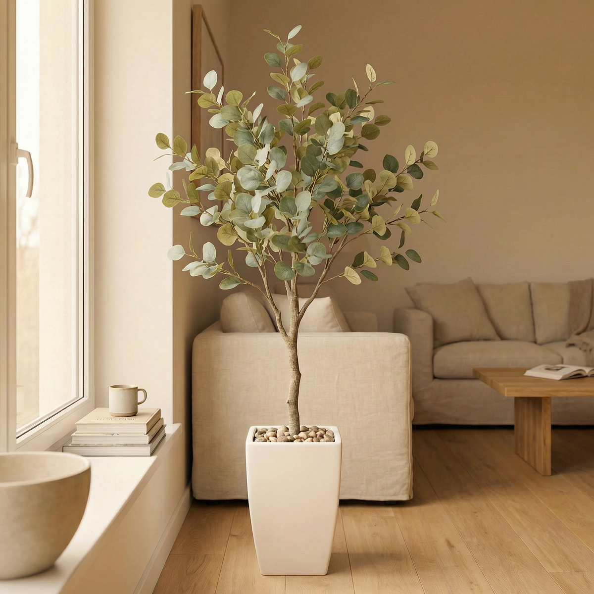 Kunst eucalyptus 150 cm met decoratieve pot in woonkamer