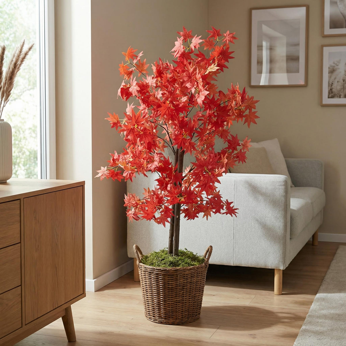 Kunst Japanse esdoorn rood 120 cm in woonkamer