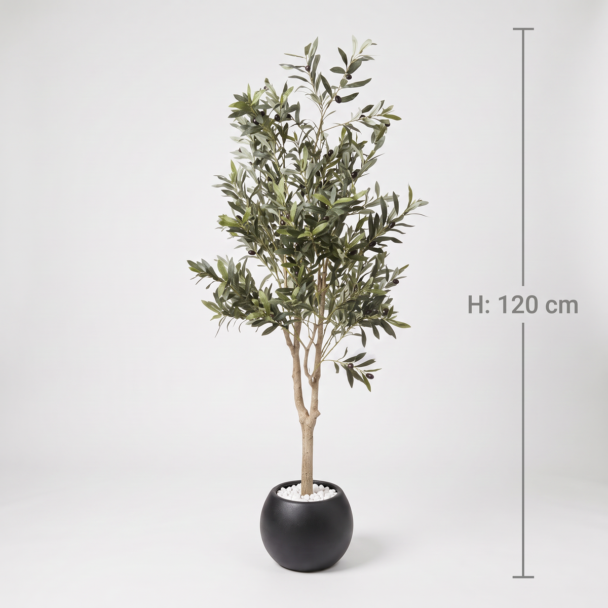 Künstlicher Olivenbaum 120 cm im schwarzen Kugeltopf mit weißen Steinchen, frontal auf hellem Hintergrund, mit Höhenangabe
