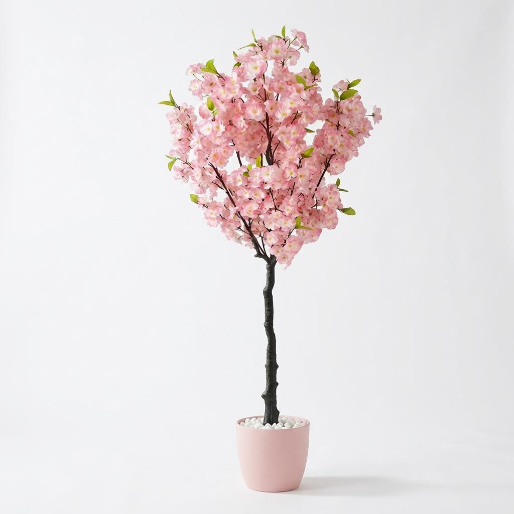 Kunst sakura kersenboom roze 150 cm, volledige plant op witte achtergrond