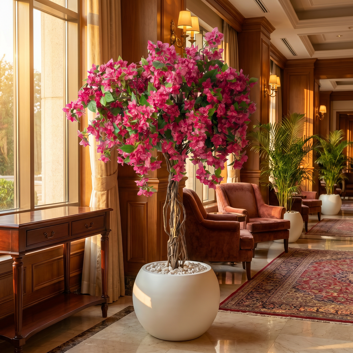 Kunst bougainvillea roze 210 cm in hotellobby