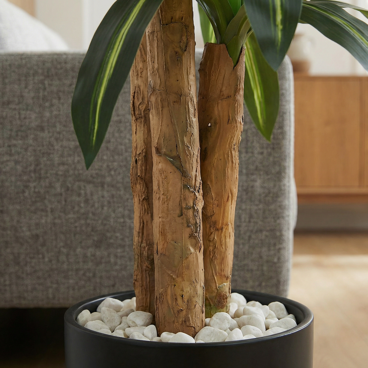 Künstliche Dracaena Massangeana 160 cm, Nahaufnahme Stamm und Topf mit weißen Steinen