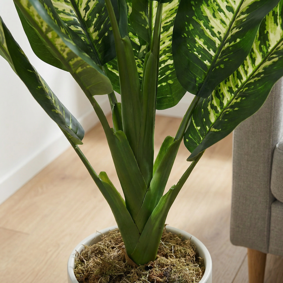Kunst dieffenbachia 90 cm, close-up stelen en pot
