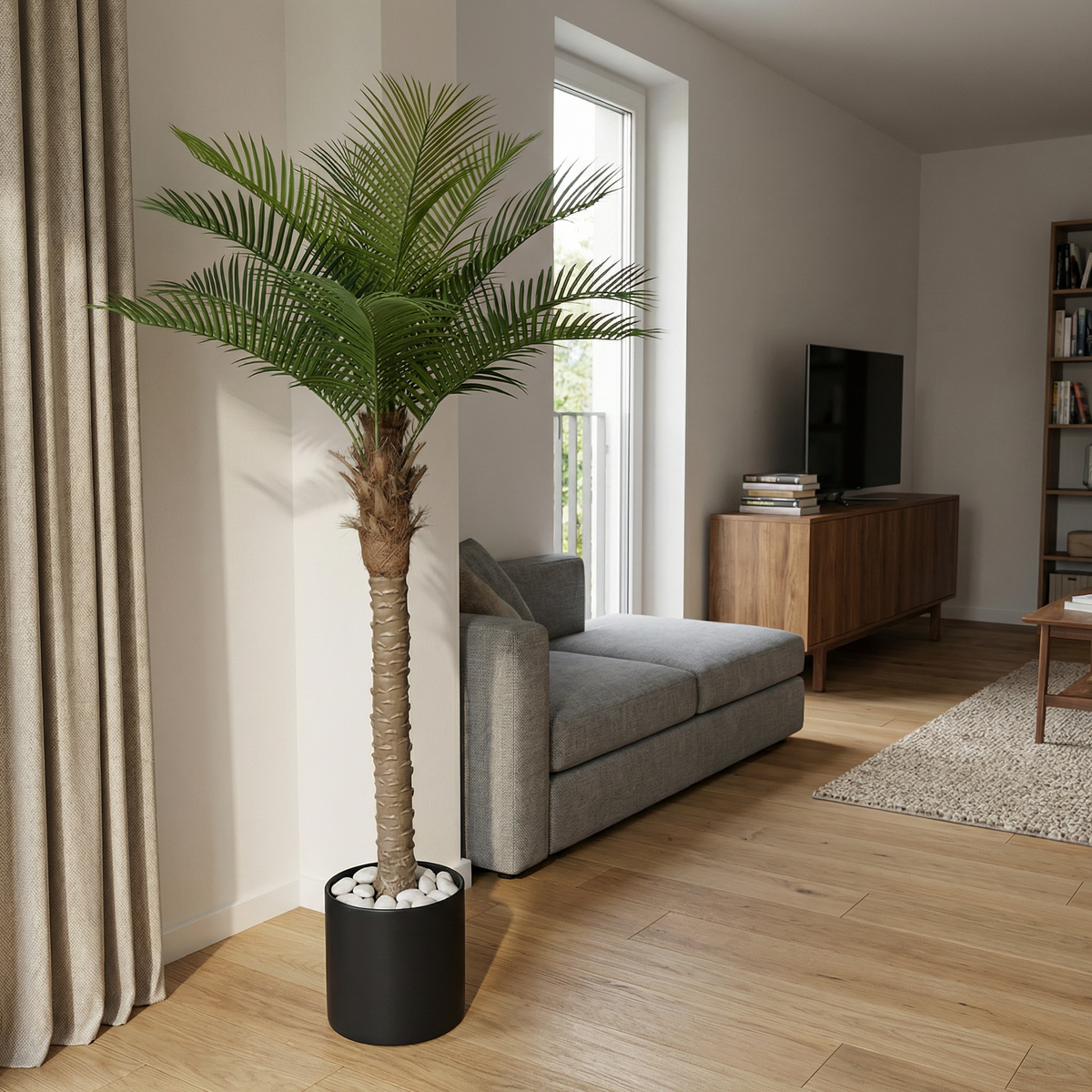 Kunst kokospalm 160 cm in woonkamer