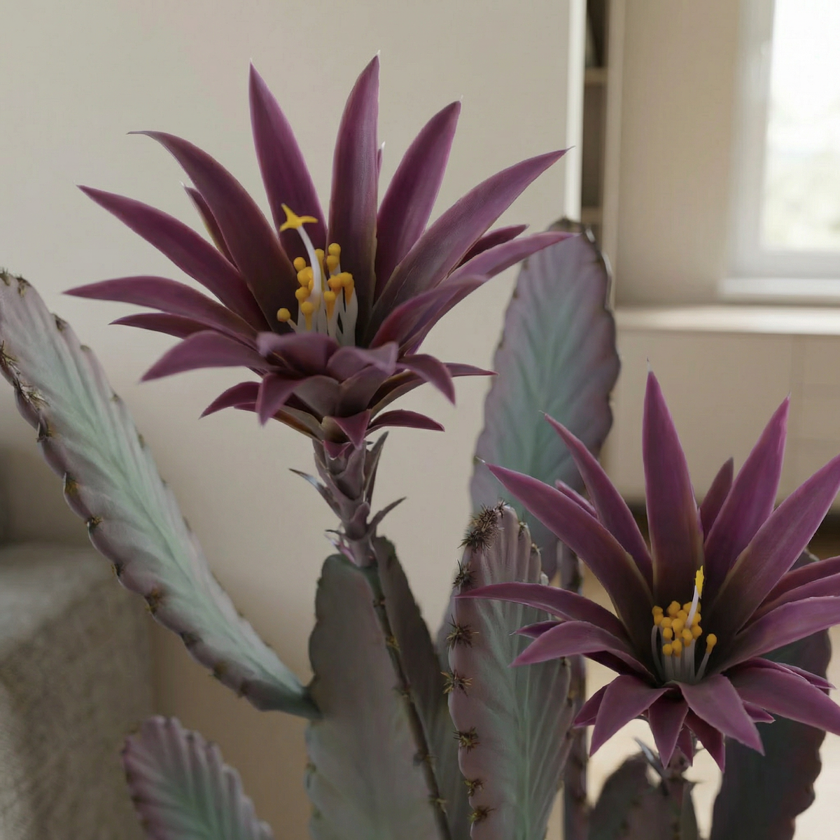 Kunst cactus 100 cm met decoratieve pot, close-up paarse bloemen