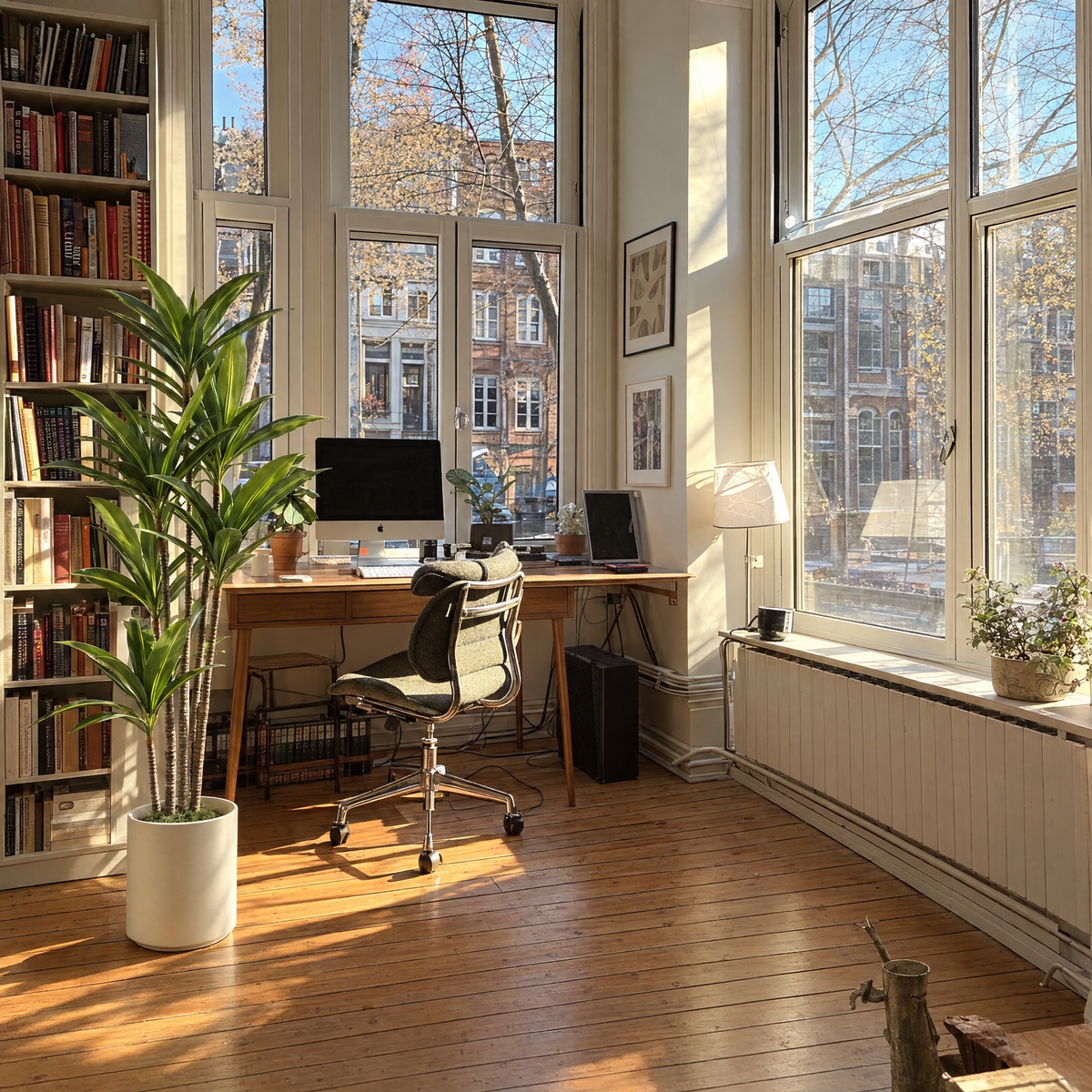Kunst dracaena van 180 cm in witte pot naast de boekenkast in een zonnige thuiswerkplek