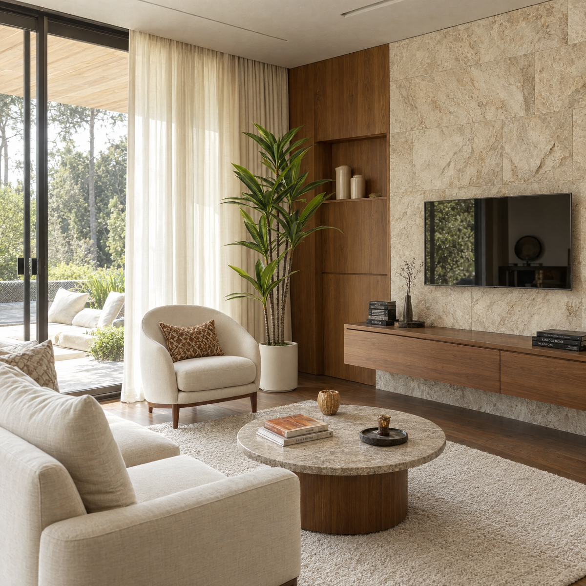 Kunst dracaena van 180 cm in crèmekleurige pot naast een fauteuil in een moderne woonkamer met tv-wand