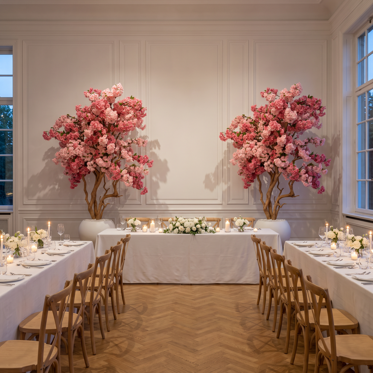 Twee kunst kersenbloesembomen roze in witte bolpotten naast de hoofdtafel in een feestelijk gedekte trouwzaal
