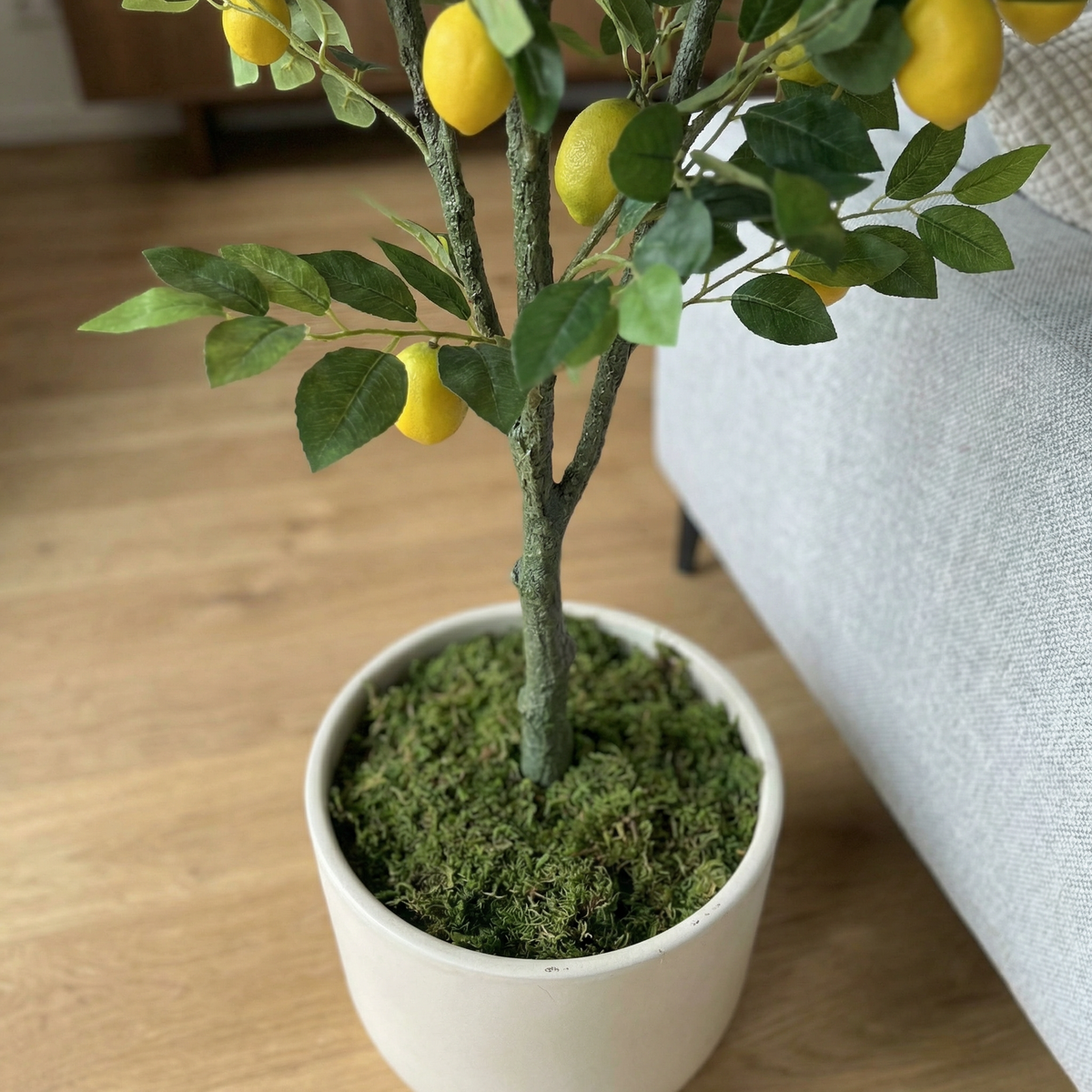 Kunst citroenboom 150–180 cm, close-up stam en pot met mos