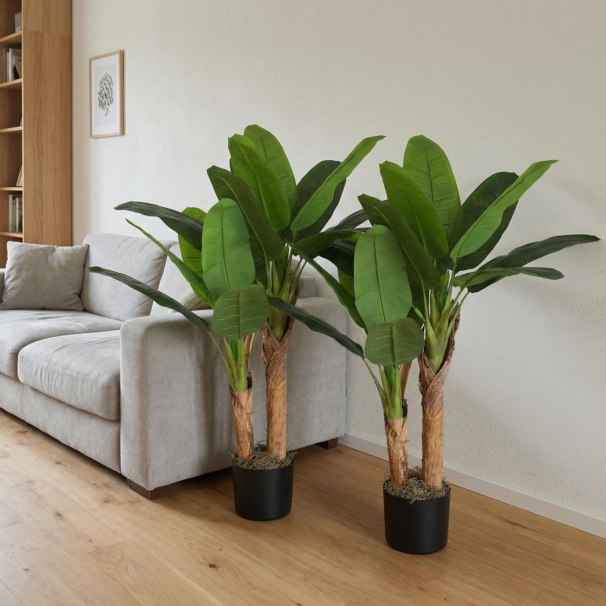 Kunst bananenplant 120 cm (set van 2) in woonkamer
