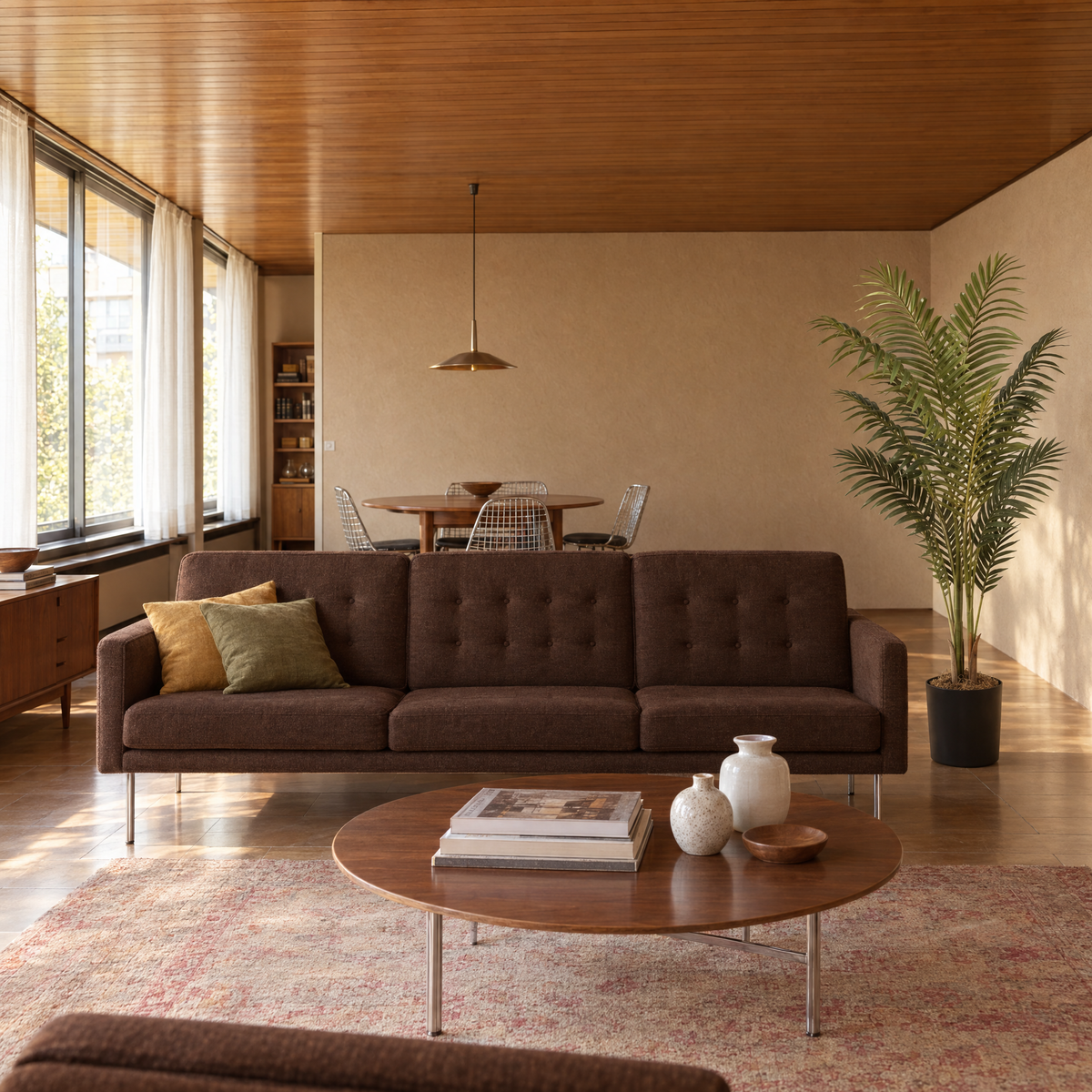 Kunst kentiapalm van 180 cm in zwarte pot naast een bruine bank in een mid-century woonkamer