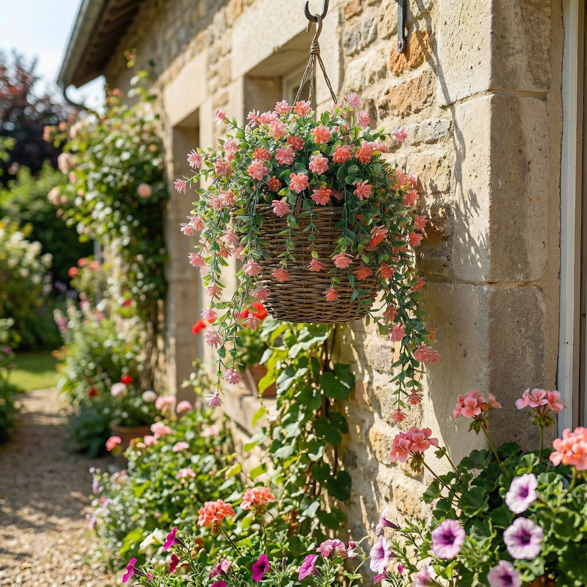 Künstliche Hängepflanze mit Blüten 60 cm draußen in einer Hängeampel an der Wand
