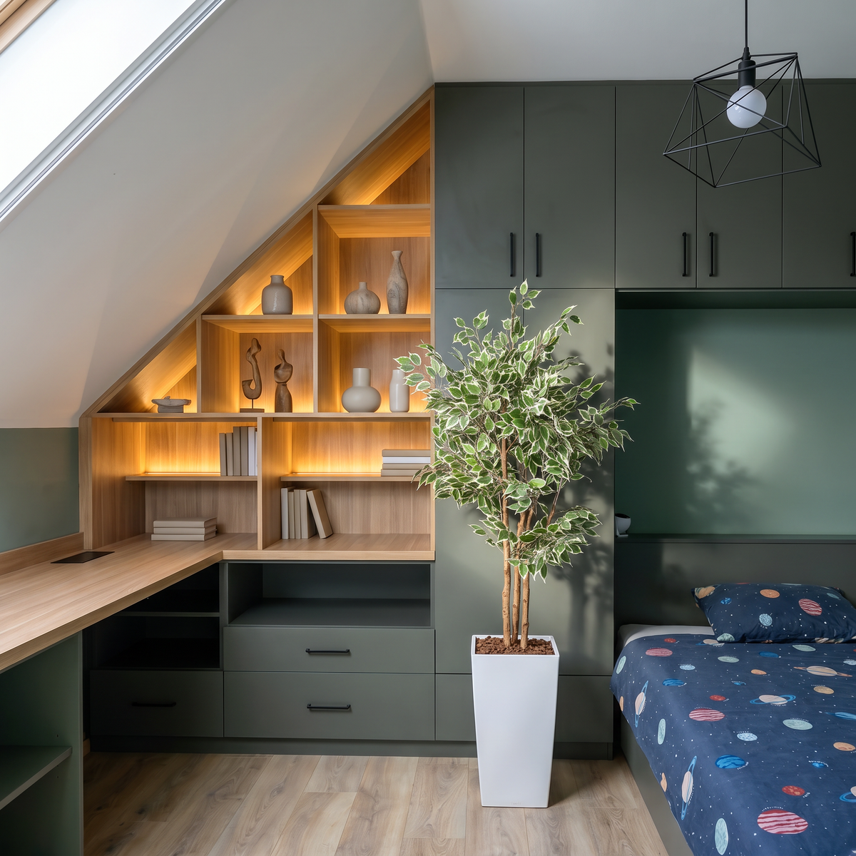 Kunst ficus benjamina 150 cm met decoratieve pot in slaapkamer met werkplek onder schuin dak