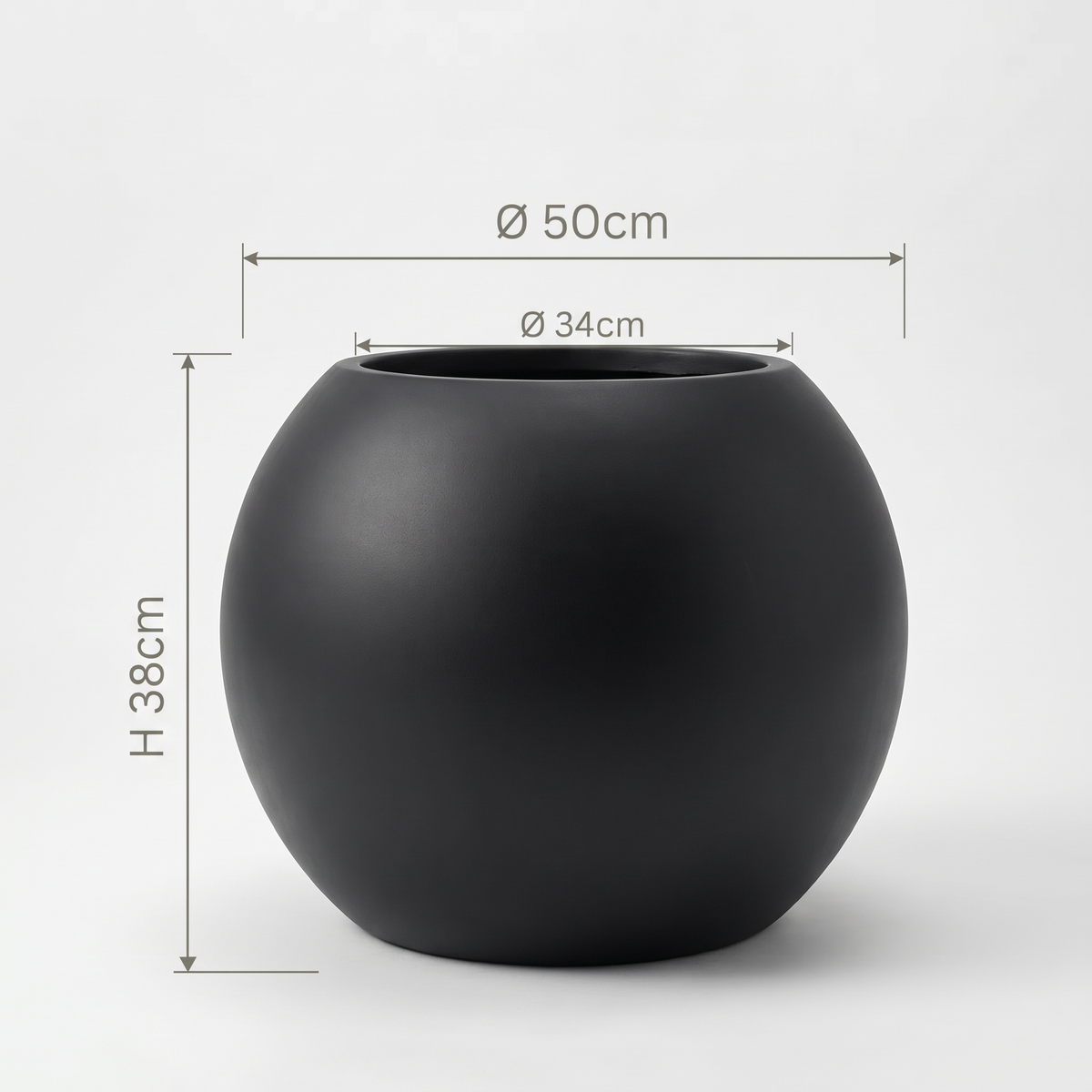 Schwarzer Pflanztopf PLENA in Kugelform mit Maßen: Ø 50 cm, Öffnung Ø 34 cm, 38 cm hoch