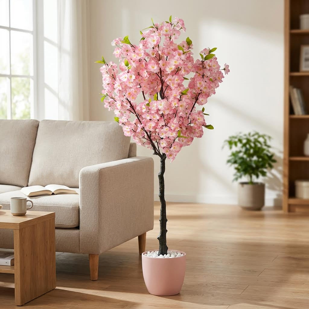 Kunst sakura kersenboom roze 150 cm in woonkamer