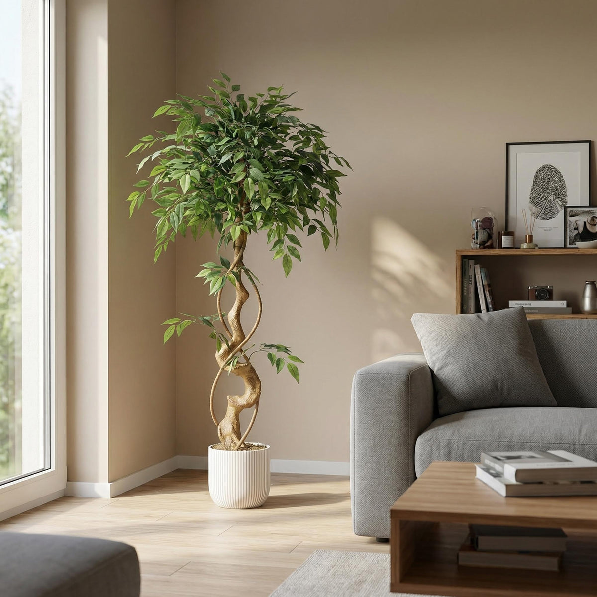 Kunst ficusboom 120–150 cm met decoratieve pot in woonkamer