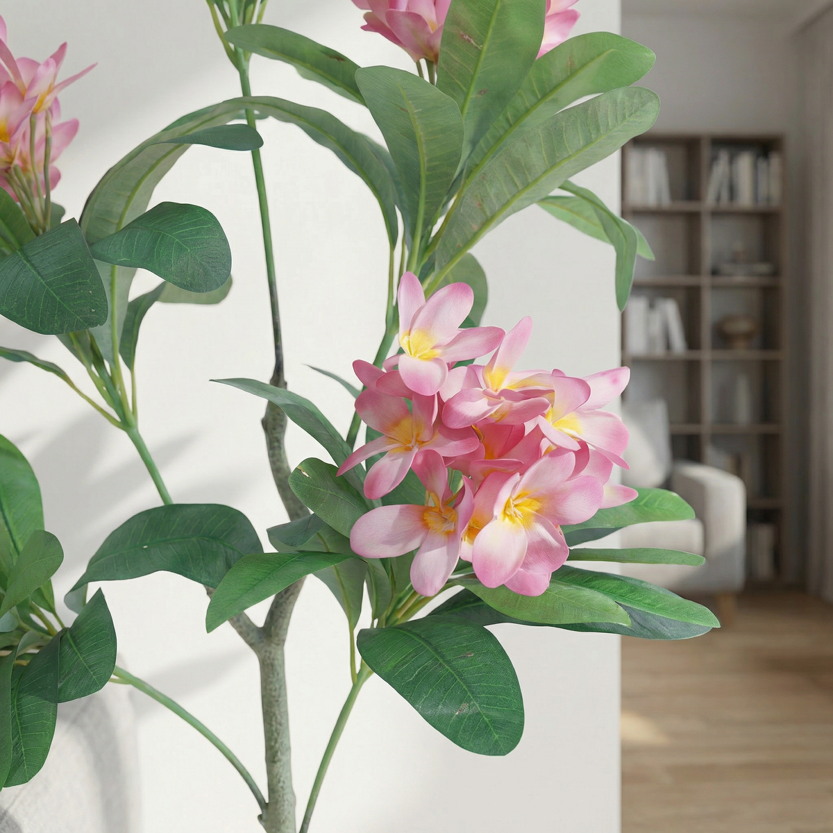 Künstliche Plumeria rosa 120 cm mit Übertopf, Nahaufnahme rosa Blumen