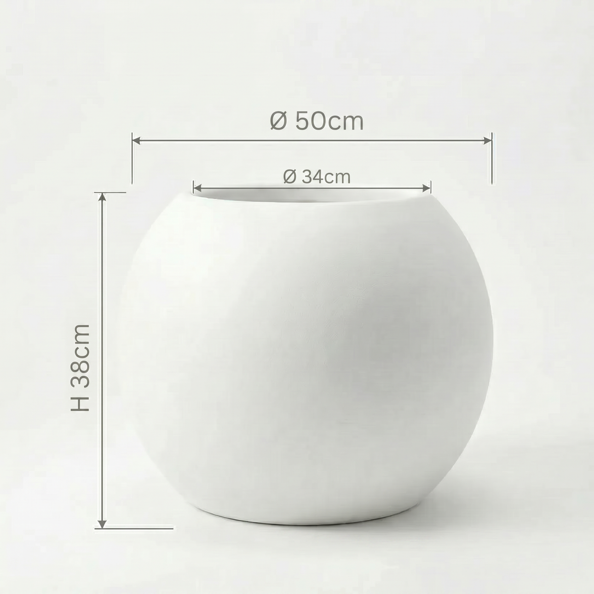 Plantenpot wit Ø50 cm bolvorm PLENA, maatvoering Ø 50 cm, opening Ø 34 cm, 38 cm hoog