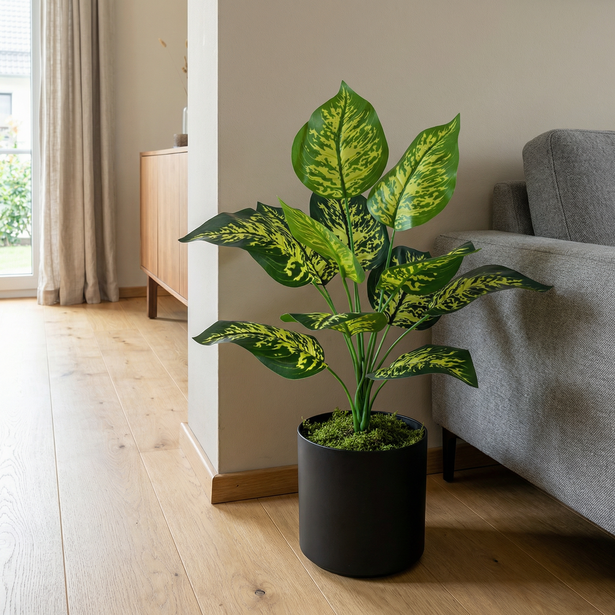 Kunst dieffenbachia stelen groen-geel 45 cm in woonkamer