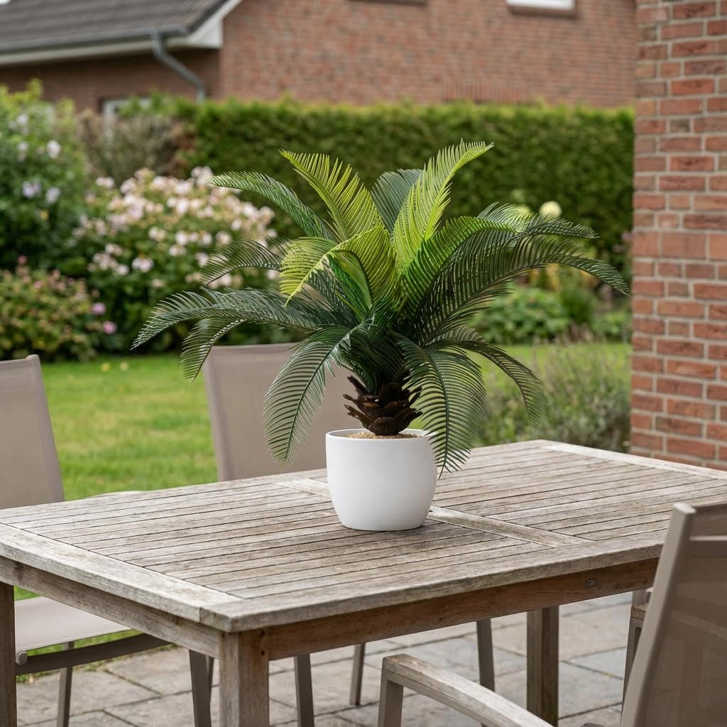 Kunst cycas 40 cm met steeksteel buiten op tuintafel