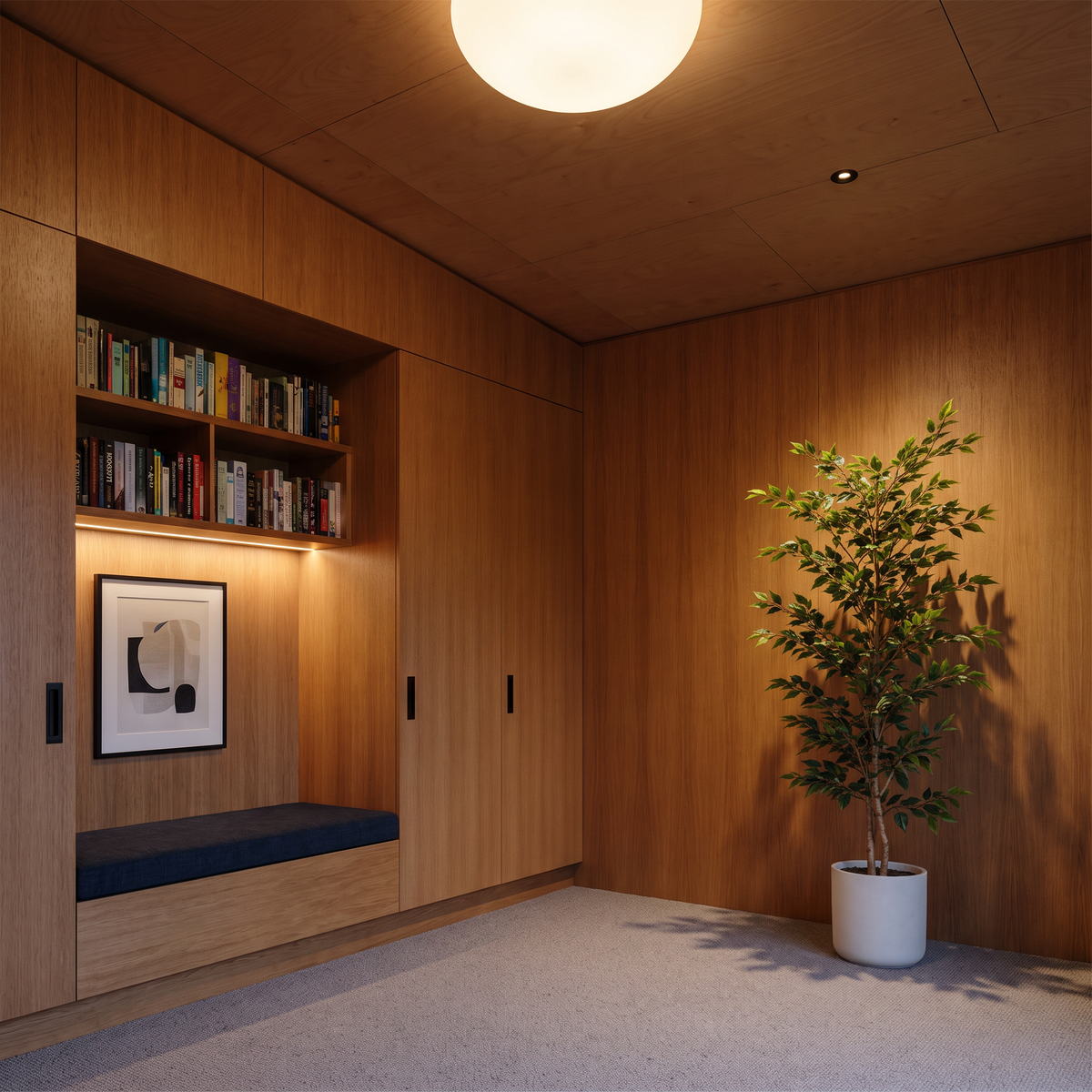 Kunst ficus alii 160 cm in houtbeklede leeshoek naast kastenwand