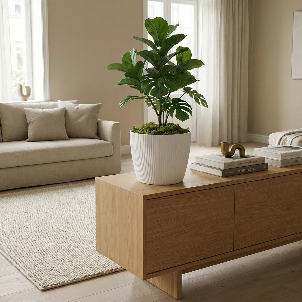 Plantenpot Ø26 cm geribbeld CALMA in woonkamer met kunst ficus lyrata