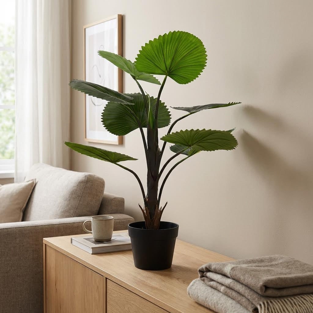 Kunst waaierpalm 75 cm op dressoir in woonkamer